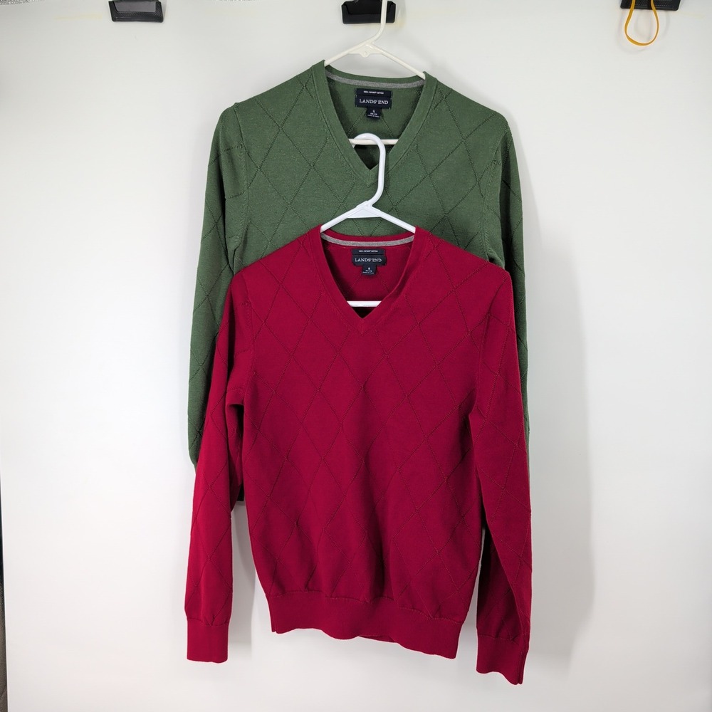 Lands End Supima Cotton V-Neck Sweater Lot 2 Red Green Diamond Small 34-36